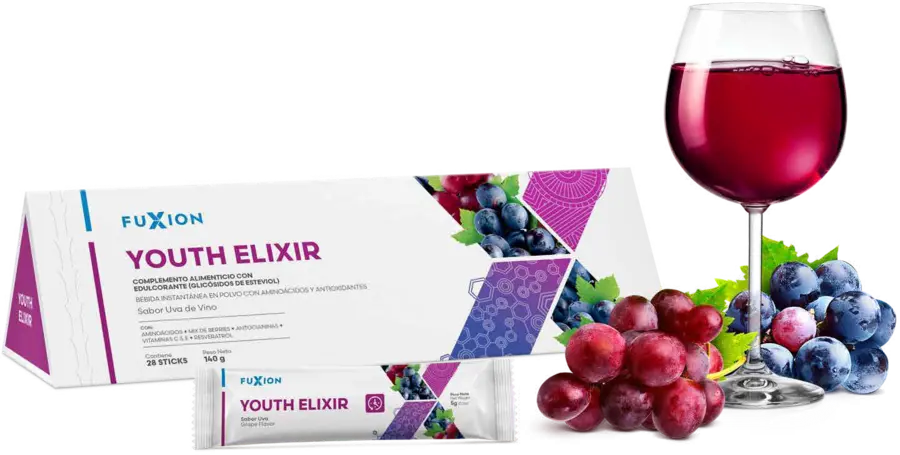 Caja original Youth Elixir de España, stick, bebida y uvas.